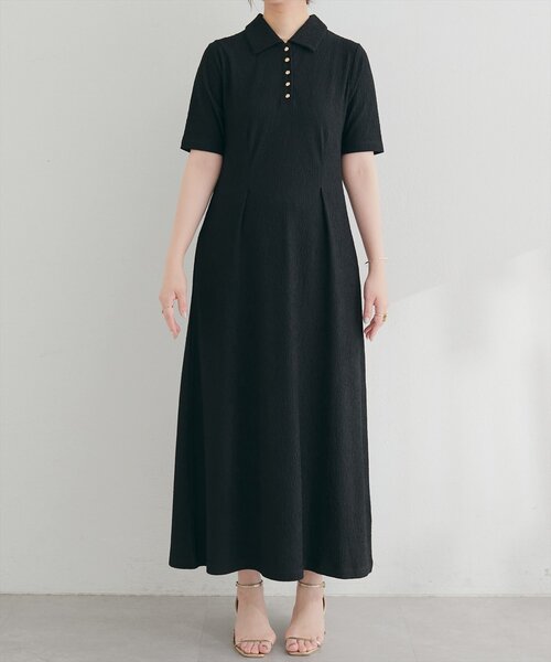 natural couture（ナチュラルクチュール）の「タックフレアポロワンピース（ワンピース・レディース・ブラック/オフホワイト/ブラウン/ベージュ・LARGE/FREE）」の5枚目の写真