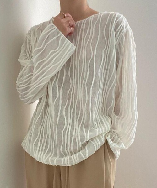DAY CLOSET(デイ クローゼット)の「パイピング×立体ウェーブ ニュアンス シアー トップス レディース(Tシャツ/カットソー・レディース・アイボリー/ブラック/ライトブラウン・FREE)」の1枚目の写真