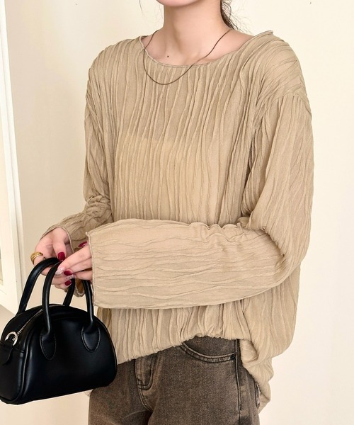 DAY CLOSET(デイ クローゼット)の「パイピング×立体ウェーブ ニュアンス シアー トップス レディース(Tシャツ/カットソー・レディース・アイボリー/ブラック/ライトブラウン・FREE)」の3枚目の写真