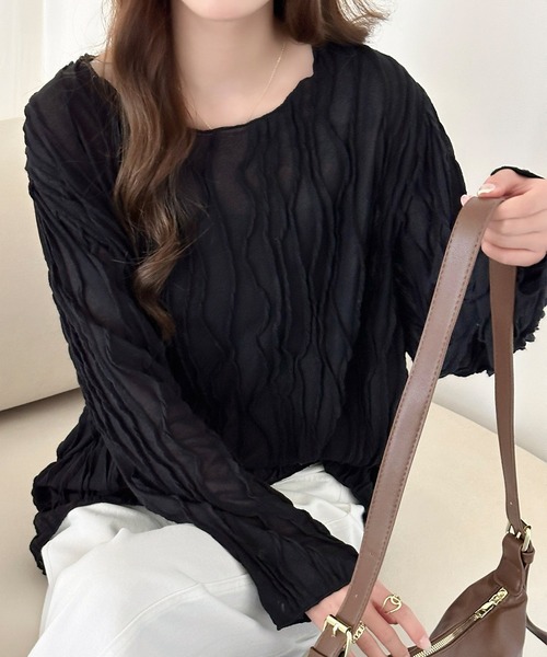 DAY CLOSET(デイ クローゼット)の「パイピング×立体ウェーブ ニュアンス シアー トップス レディース(Tシャツ/カットソー・レディース・アイボリー/ブラック/ライトブラウン・FREE)」の2枚目の写真