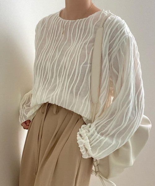 DAY CLOSET(デイ クローゼット)の「パイピング×立体ウェーブ ニュアンス シアー トップス レディース(Tシャツ/カットソー・レディース・アイボリー/ブラック/ライトブラウン・FREE)」の5枚目の写真