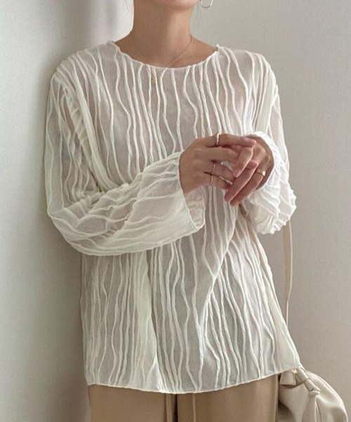 DAY CLOSET(デイ クローゼット)の「パイピング×立体ウェーブ ニュアンス シアー トップス レディース(Tシャツ/カットソー・レディース・アイボリー/ブラック/ライトブラウン・FREE)」の6枚目の写真