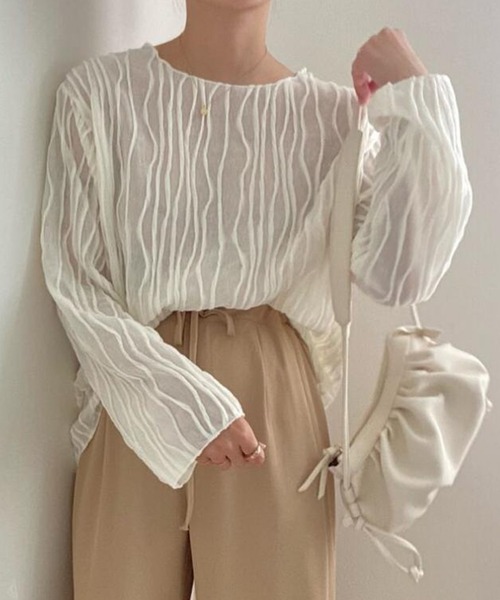 DAY CLOSET(デイ クローゼット)の「パイピング×立体ウェーブ ニュアンス シアー トップス レディース(Tシャツ/カットソー・レディース・アイボリー/ブラック/ライトブラウン・FREE)」の7枚目の写真