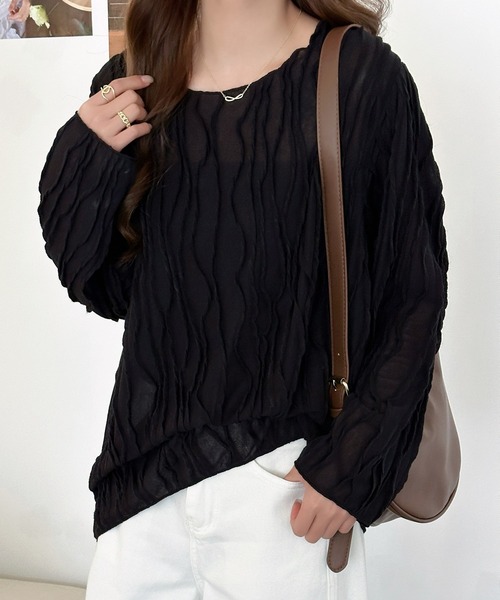 DAY CLOSET(デイ クローゼット)の「パイピング×立体ウェーブ ニュアンス シアー トップス レディース(Tシャツ/カットソー・レディース・アイボリー/ブラック/ライトブラウン・FREE)」の9枚目の写真