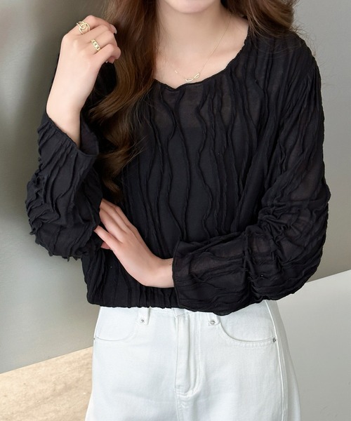 DAY CLOSET(デイ クローゼット)の「パイピング×立体ウェーブ ニュアンス シアー トップス レディース(Tシャツ/カットソー・レディース・アイボリー/ブラック/ライトブラウン・FREE)」の11枚目の写真