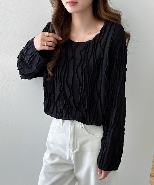 DAY CLOSET(デイ クローゼット)の「パイピング×立体ウェーブ ニュアンス シアー トップス レディース(Tシャツ/カットソー・レディース・アイボリー/ブラック/ライトブラウン・FREE)」の12枚目の写真