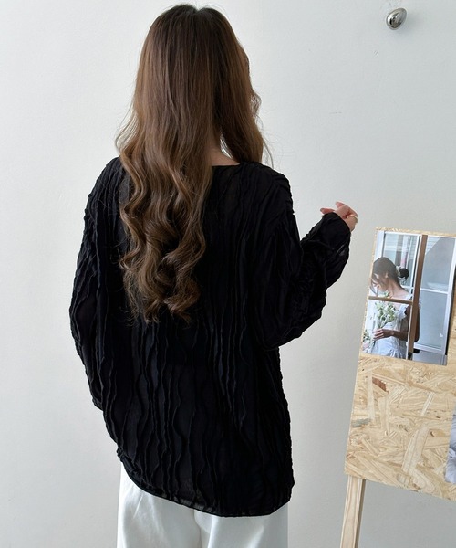 DAY CLOSET(デイ クローゼット)の「パイピング×立体ウェーブ ニュアンス シアー トップス レディース(Tシャツ/カットソー・レディース・アイボリー/ブラック/ライトブラウン・FREE)」の13枚目の写真