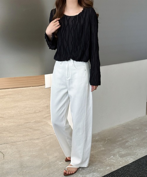 DAY CLOSET(デイ クローゼット)の「パイピング×立体ウェーブ ニュアンス シアー トップス レディース(Tシャツ/カットソー・レディース・アイボリー/ブラック/ライトブラウン・FREE)」の15枚目の写真