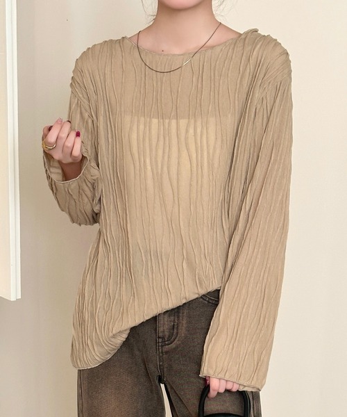 DAY CLOSET(デイ クローゼット)の「パイピング×立体ウェーブ ニュアンス シアー トップス レディース(Tシャツ/カットソー・レディース・アイボリー/ブラック/ライトブラウン・FREE)」の17枚目の写真