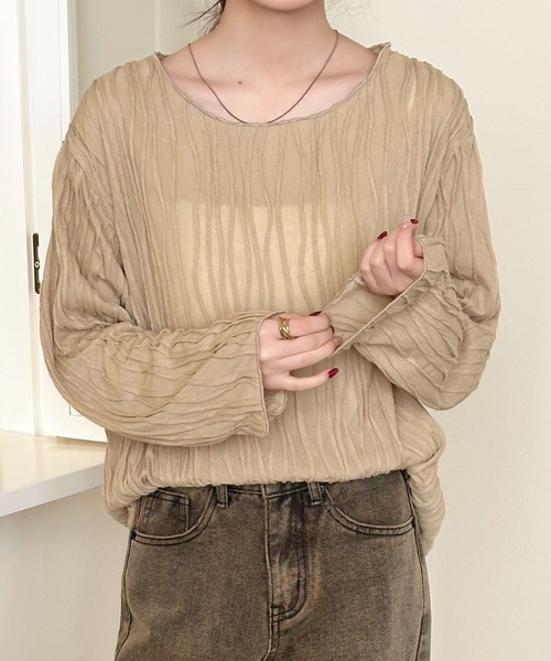DAY CLOSET(デイ クローゼット)の「パイピング×立体ウェーブ ニュアンス シアー トップス レディース(Tシャツ/カットソー・レディース・アイボリー/ブラック/ライトブラウン・FREE)」の18枚目の写真