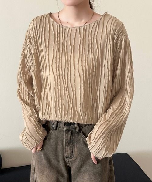 DAY CLOSET(デイ クローゼット)の「パイピング×立体ウェーブ ニュアンス シアー トップス レディース(Tシャツ/カットソー・レディース・アイボリー/ブラック/ライトブラウン・FREE)」の19枚目の写真