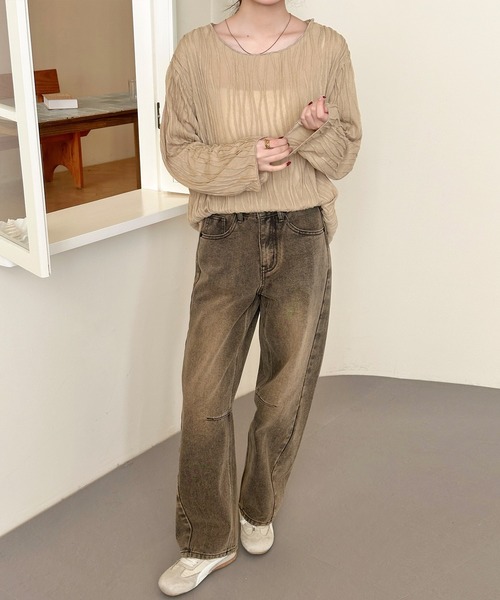DAY CLOSET(デイ クローゼット)の「パイピング×立体ウェーブ ニュアンス シアー トップス レディース(Tシャツ/カットソー・レディース・アイボリー/ブラック/ライトブラウン・FREE)」の21枚目の写真