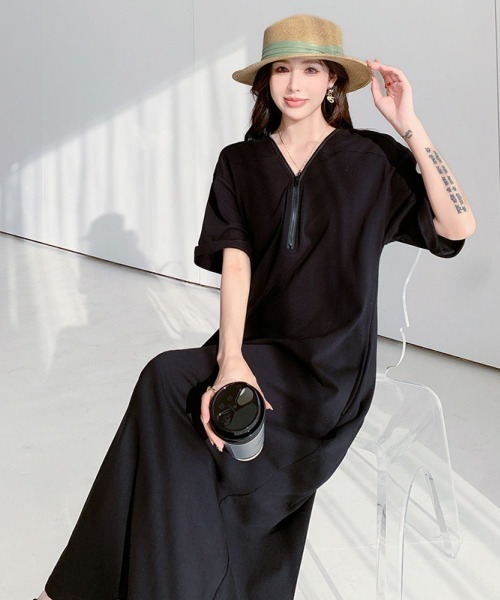 LETee(レティー)の「ゆったりシルエットで体型カバーも叶う。大人のリラックス半袖ワンピース(ワンピース・レディース・カーキ/グレー/ブラック・FREE)」の4枚目の写真