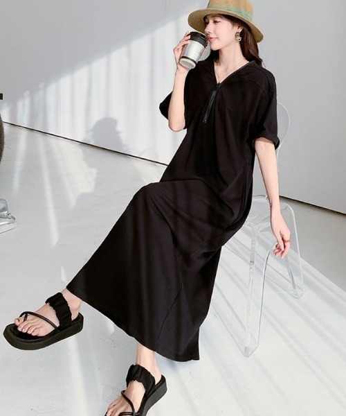 LETee(レティー)の「ゆったりシルエットで体型カバーも叶う。大人のリラックス半袖ワンピース(ワンピース・レディース・カーキ/グレー/ブラック・FREE)」の6枚目の写真