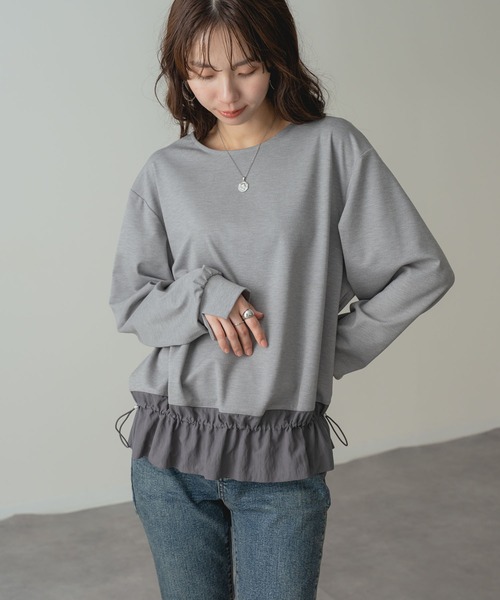 ANNA LUNA(アンナルナ)の「【ANNA LUNA】 ストレッチ 素材 で着心地◎裾異素材 フリル プルオーバー(Tシャツ/カットソー・レディース・グレー/ブラック・MEDIUM)」の1枚目の写真