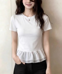 シフォンペプラム切替半袖トップス