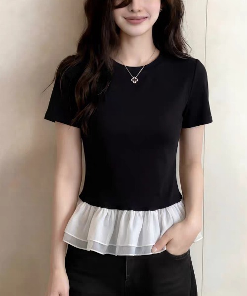 LUCPY（ラクピー）の「シフォンペプラム切替半袖トップス（Tシャツ/カットソー・レディース・ブラック/ホワイト・LARGE/MEDIUM/XX-LARGE/X-LARGE）」の3枚目の写真