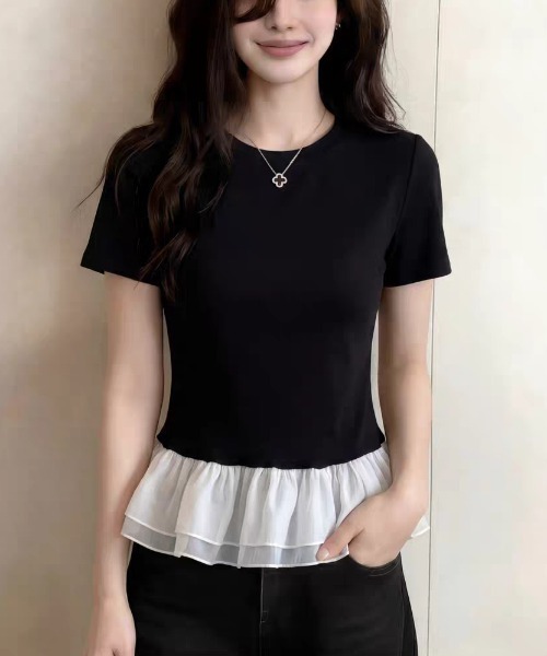 LUCPY（ラクピー）の「シフォンペプラム切替半袖トップス（Tシャツ/カットソー・レディース・ブラック/ホワイト・LARGE/MEDIUM/XX-LARGE/X-LARGE）」の4枚目の写真