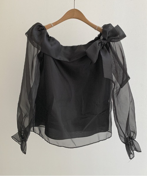 NoBelle（ノベル）の「肩リボンシアーオフショルダー　ワンホン系/財閥系/上品（シャツ/ブラウス・レディース・ブラック・FREE）」の8枚目の写真