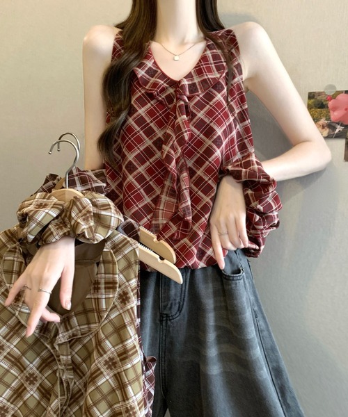 LUCPY(ラクピー)の「チェックフリルリボンノースリーブブラウス(シャツ/ブラウス・レディース・カーキ/ブラウン/レッド・FREE)」の4枚目の写真
