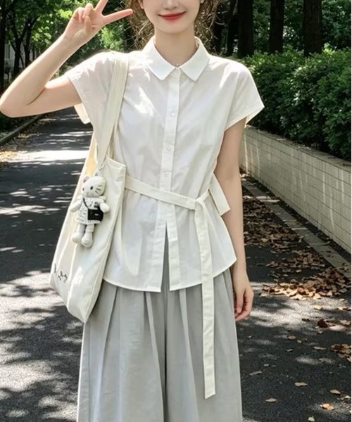 AsheKsha(アシクシャ)の「リボン付きウエストマーク半袖シャツ(シャツ/ブラウス・レディース・ホワイト・S/M)」の6枚目の写真