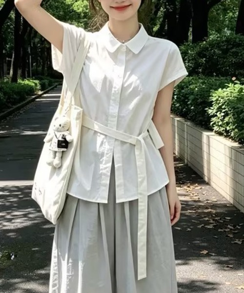AsheKsha(アシクシャ)の「リボン付きウエストマーク半袖シャツ(シャツ/ブラウス・レディース・ホワイト・S/M)」の10枚目の写真