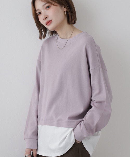 FUNALIVE(ファンアライブ)の「ワッフル裾切り替え長袖Tシャツ(Tシャツ/カットソー・レディース・パープル/チャコールグレー・LL~3L)」の2枚目の写真