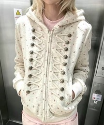【秋冬新作】韓国風花柄ナポレオンジップパーカー/コード装飾ボタンデザインフーディー
