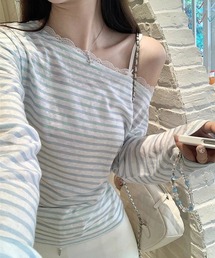 レーストリム ボーダー長袖トップス Uネック 韓国ガーリー