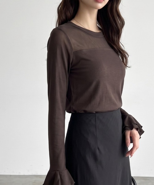 umune(ウムネ)の「シアー切り替えが華やぐ♪レイヤードに活躍するフェミニンカットソー(Tシャツ/カットソー・レディース・オフホワイト/ブラック/ブラウン・FREE)」の14枚目の写真