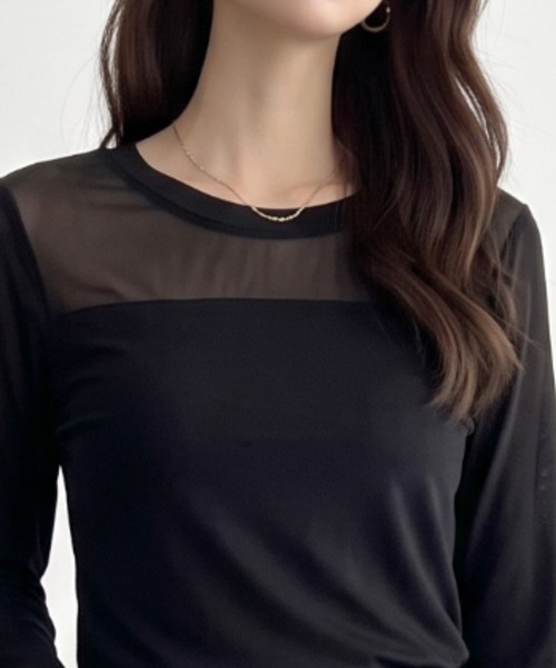 umune(ウムネ)の「シアー切り替えが華やぐ♪レイヤードに活躍するフェミニンカットソー(Tシャツ/カットソー・レディース・オフホワイト/ブラック/ブラウン・FREE)」の10枚目の写真