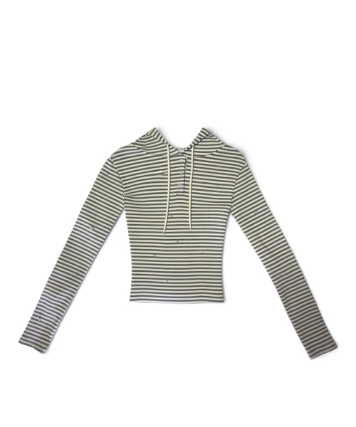 BORN SLIPPY(ボーンスリッピー)の「Essential Pearl Stud Stripe Hood Tee (Melange Gray)(パーカー・レディース・その他・FREE)」の1枚目の写真