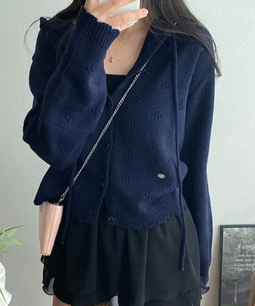 VIVID LADY（ビビッドレディー）の「透かし編み フーディーニットカーディガン（ニット/セーター・レディース・ネイビー/ライトブルー/ピンク/アイボリー・FREE）」の3枚目の写真
