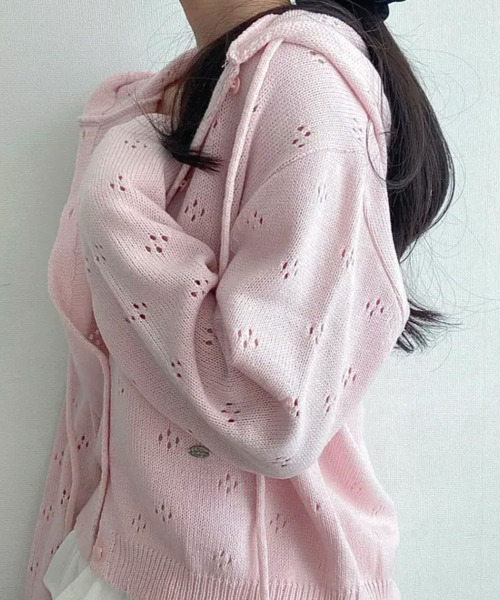 VIVID LADY（ビビッドレディー）の「透かし編み フーディーニットカーディガン（ニット/セーター・レディース・ネイビー/ライトブルー/ピンク/アイボリー・FREE）」の15枚目の写真