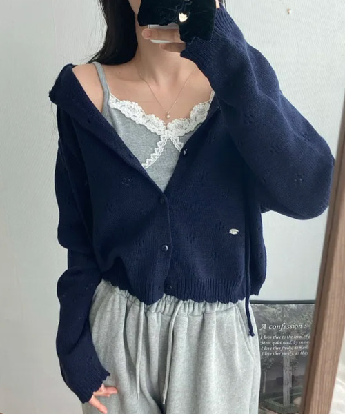 VIVID LADY（ビビッドレディー）の「透かし編み フーディーニットカーディガン（ニット/セーター・レディース・ネイビー/ライトブルー/ピンク/アイボリー・FREE）」の10枚目の写真