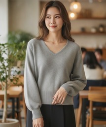 【毎日使える定番】Vネックリブニット/5色展開|アイボリー ブラック グレー ブラウン レッド 長袖 シンプル 秋冬 大人カジュアル きれいめ 着回し