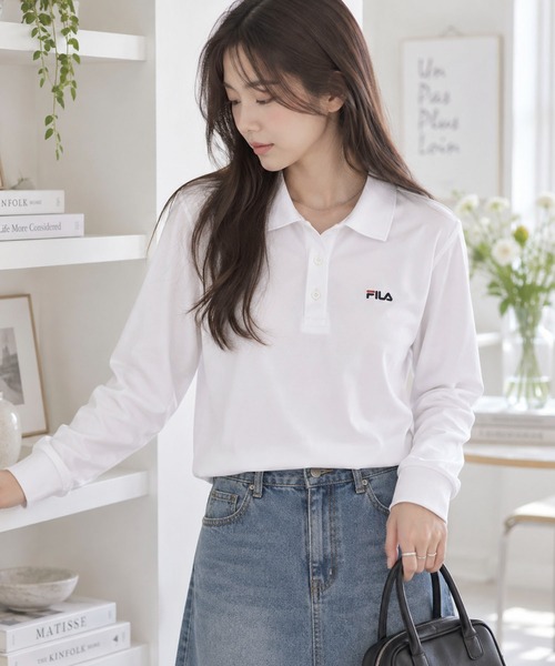 FILA(フィラ)の「【WEB別注】FILA フィラ L’Sワンポイント刺繍長袖ポロシャツ ドライ 吸水速乾(ポロシャツ・レディース・ネイビー/ホワイト/ブラック・LL/L/M)」の1枚目の写真