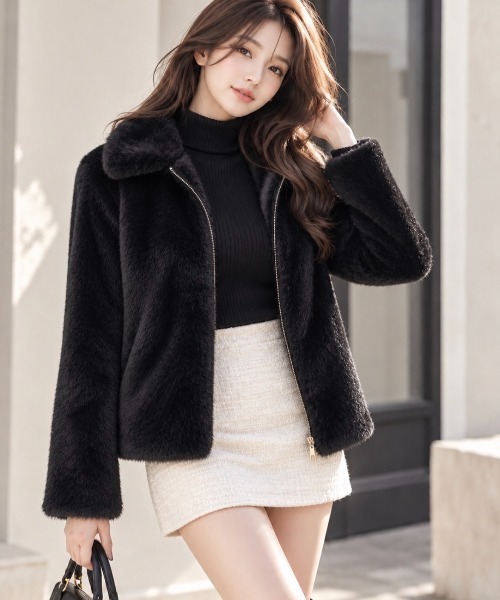 Dolce Fiora(ドルチェフィオラ)の「韓国風フェイクファーショートジャケット(その他アウター・レディース・ベージュ/ブラック・フリー)」の4枚目の写真