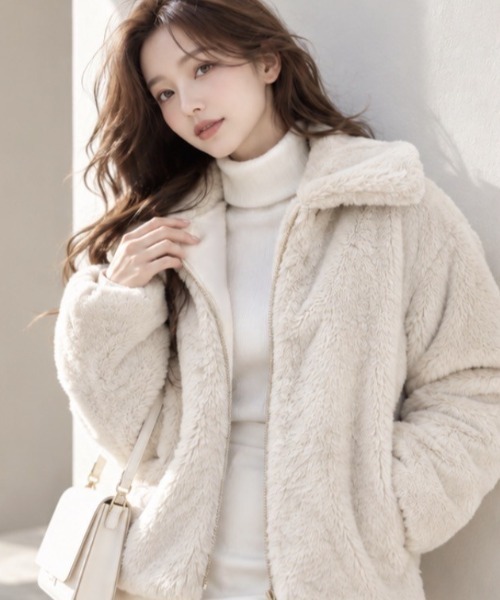 Dolce Fiora(ドルチェフィオラ)の「韓国風フェイクファーショートジャケット(その他アウター・レディース・ベージュ/ブラック・フリー)」の7枚目の写真