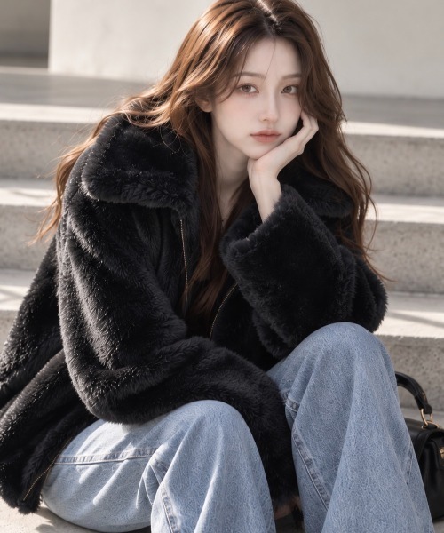 Dolce Fiora(ドルチェフィオラ)の「韓国風フェイクファーショートジャケット(その他アウター・レディース・ベージュ/ブラック・フリー)」の6枚目の写真
