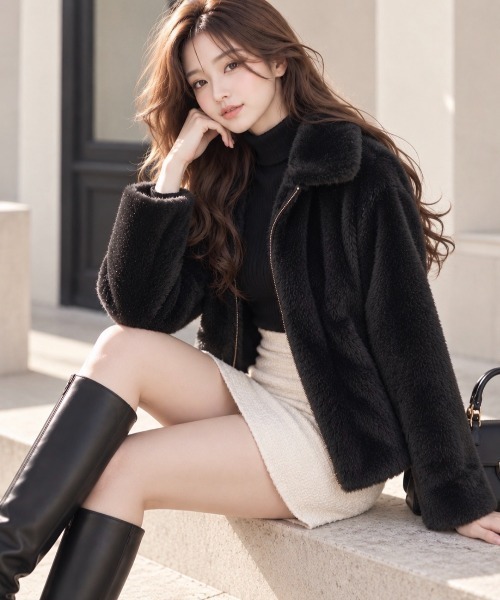 Dolce Fiora(ドルチェフィオラ)の「韓国風フェイクファーショートジャケット(その他アウター・レディース・ベージュ/ブラック・フリー)」の8枚目の写真