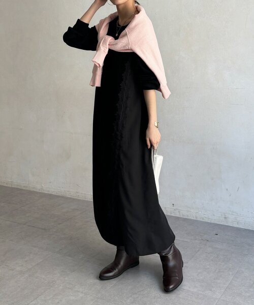DouDou(ドゥドゥ)の「【WEB限定】レースライン布帛切替ニットワンピース(ワンピース・レディース・チャコールグレー/ブラック・FREE)」の6枚目の写真