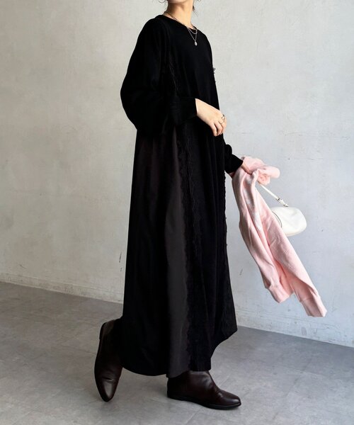 DouDou(ドゥドゥ)の「【WEB限定】レースライン布帛切替ニットワンピース(ワンピース・レディース・チャコールグレー/ブラック・FREE)」の9枚目の写真