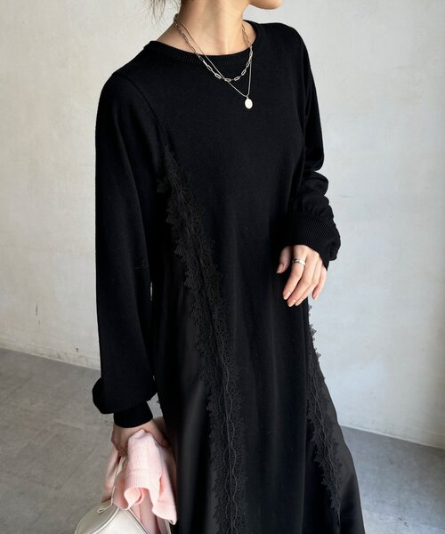 DouDou(ドゥドゥ)の「【WEB限定】レースライン布帛切替ニットワンピース(ワンピース・レディース・チャコールグレー/ブラック・FREE)」の11枚目の写真