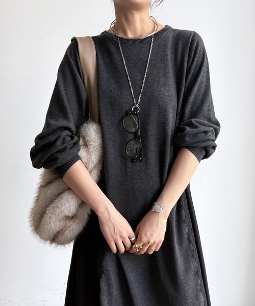 DouDou(ドゥドゥ)の「【WEB限定】レースライン布帛切替ニットワンピース(ワンピース・レディース・チャコールグレー/ブラック・FREE)」の18枚目の写真