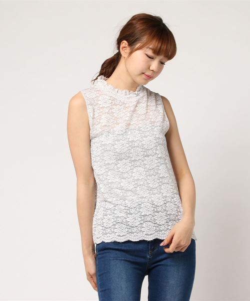 LOWRYS FARM（ローリーズファーム）の「プリーツレースノースリーブ　781430 （Tシャツ/カットソー・レディース・ブラック/グレー/オフホワイト/ブルー・MEDIUM/LARGE）」の4枚目の写真