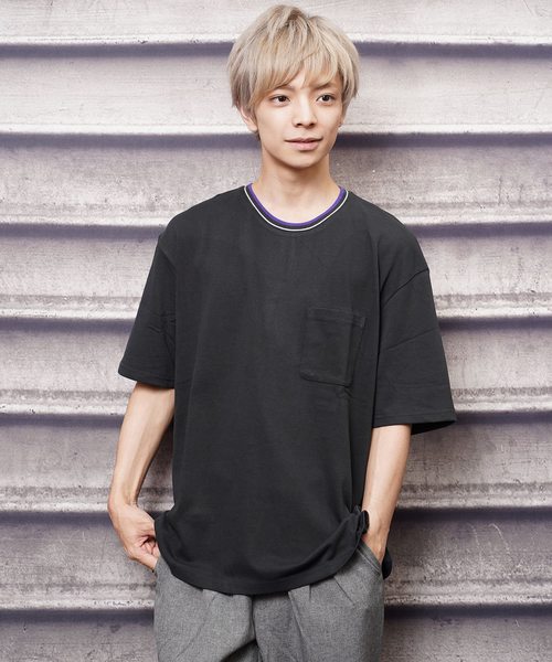 おしゃれスタ(オシャレスタ)の「ビッグシルエットリブラインTシャツ(IR)(Tシャツ/カットソー・メンズ・レッド/ネイビー/ライトグレー/ブラック/ホワイト/サンドベージュ・M/L/XL)」の2枚目の写真