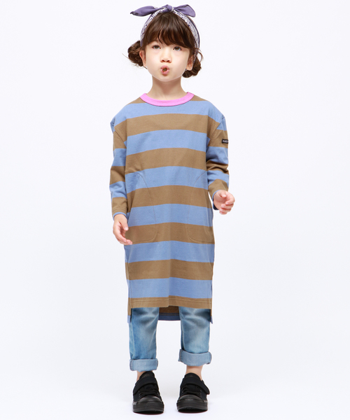 RUGGEDWORKS(ラゲッドワークス)の「【親子お揃い】ガールズ太ボーダークルーネック天竺ワンピース(ワンピース・キッズ・ブラウン/ブルー・110cm/100cm/120cm/130cm/140cm/90㎝/150cm)」の2枚目の写真