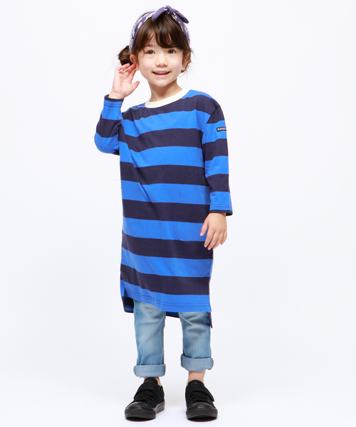 RUGGEDWORKS(ラゲッドワークス)の「【親子お揃い】ガールズ太ボーダークルーネック天竺ワンピース(ワンピース・キッズ・ブラウン/ブルー・110cm/100cm/120cm/130cm/140cm/90㎝/150cm)」の1枚目の写真