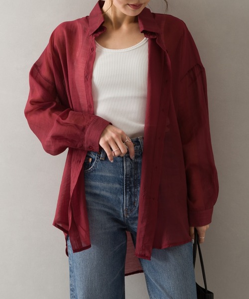 SpRay(スプレイ)の「シアーシャツ(シャツ/ブラウス・レディース・ベージュ/ブラック/グリーン/グレー/ホワイト/レンガ・FREE)」の6枚目の写真